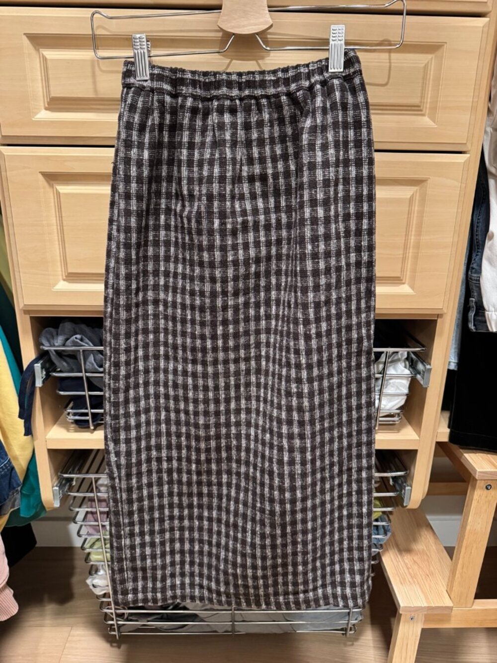 Dark Brown Plaid Long Skirt with Elastic Waist